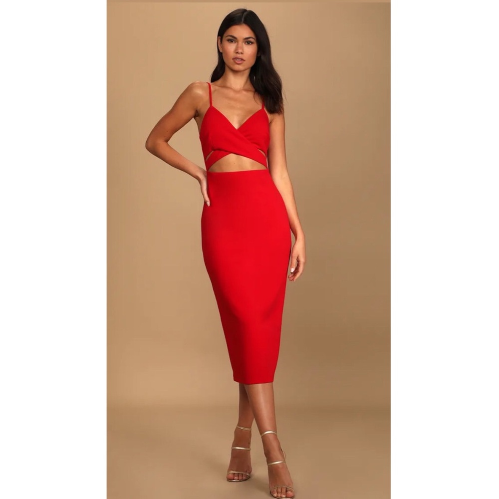 Lulus Cross Your Heart Red Surplice Cutout Bodycon Midi Dress